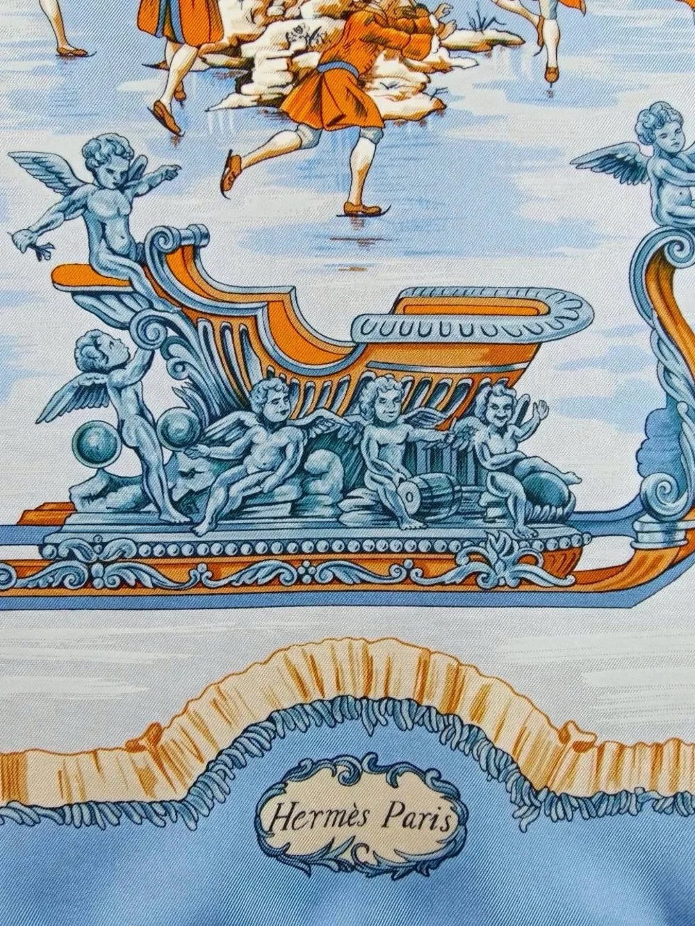 Hermes Blue, Cream and Orange Silk Scarf — Winter Sleigh Tableau
